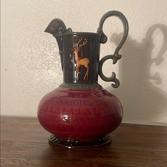 Red and Black Christmas Ceramic Pitcher with Reindeer Design - Picture 1 of 10